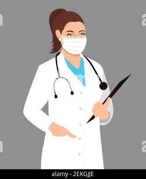 Confident Female Doctor illustration vector. Woman doctor wearing mask. Nurse`s uniform and stethoscope. Woman nurse Vector flat illustration Stock Vector